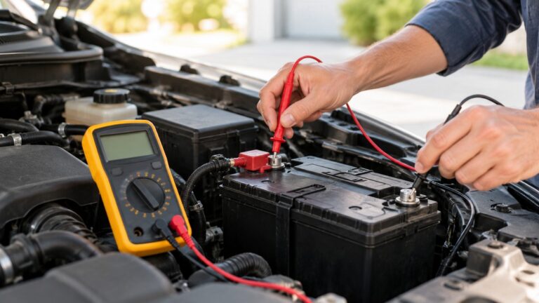 A generic digital voltmeter testing a 12-volt car battery.