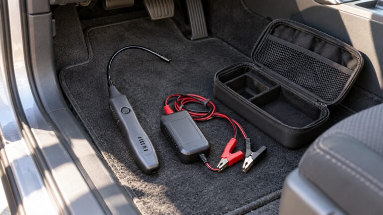 A transmitter and a receiver probe from a wire tracer kit laid on a car floor mat, with a bent flexible probe and a small case open beside them.