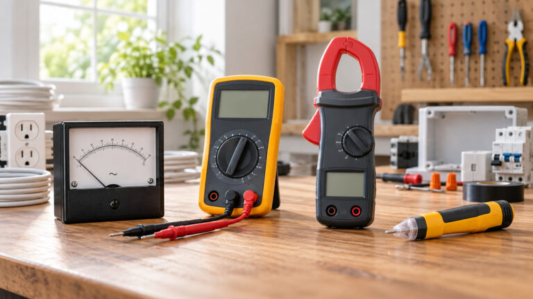 Several generic AC voltmeters arranged on a clean electrical workbench.