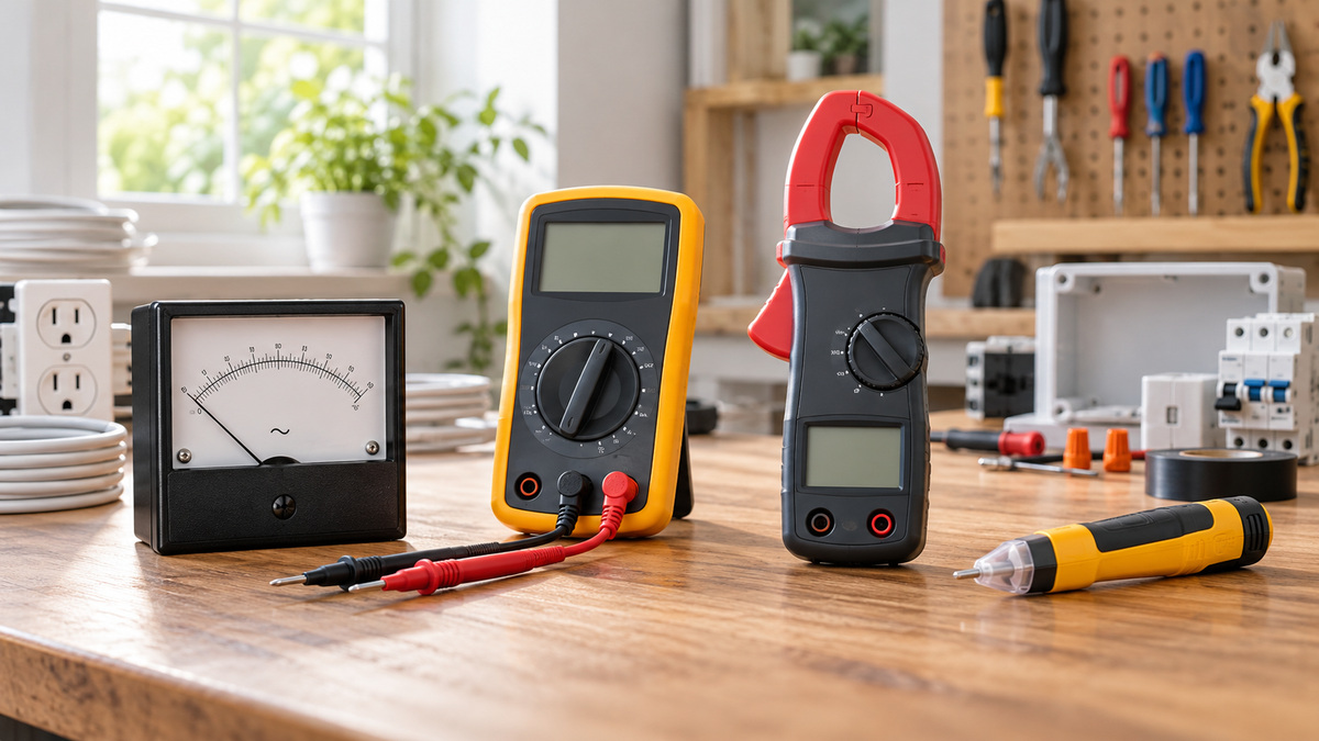 Several generic AC voltmeters arranged on a clean electrical workbench.