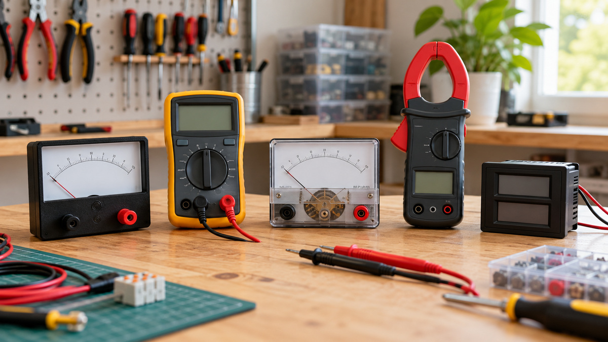 Several generic amp voltmeter styles arranged on a bright home workshop bench.
