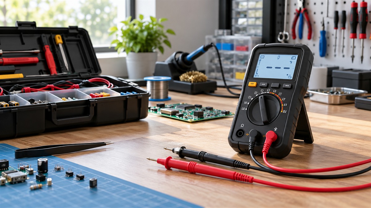 A black pocket-size digital multimeter with its test leads and a kickstand, showing a voltage reading on its backlit display beside a toolbox.