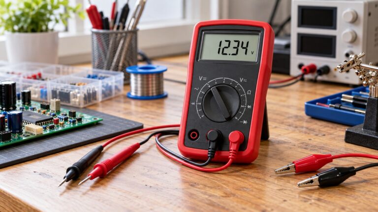 A red handheld digital multimeter with its test leads and alligator clips laid out on a workbench, its display showing a voltage reading.