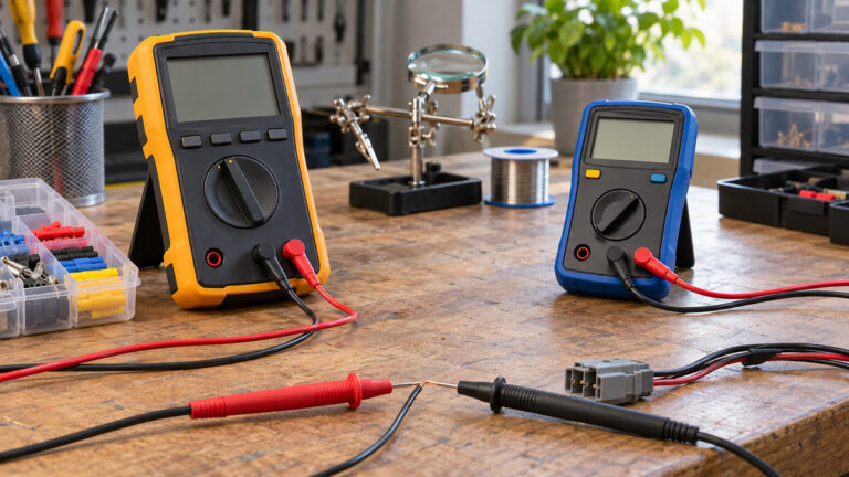 Two generic multimeters and probes arranged for continuity testing on a workbench.