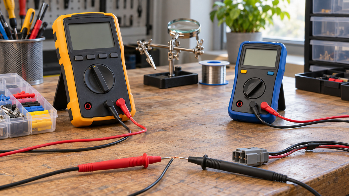 Two generic multimeters and probes arranged for continuity testing on a workbench.