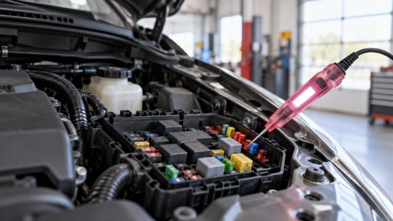 A small rose-colored circuit tester with its probe tip touching a fuse terminal in an automotive fuse box, with the display showing a voltage reading.
