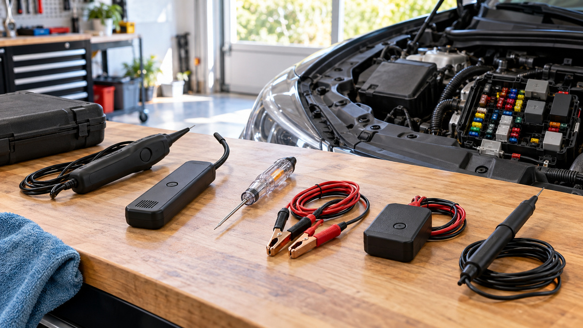 Generic automotive short-finding tools arranged on a garage workbench beside a vehicle.