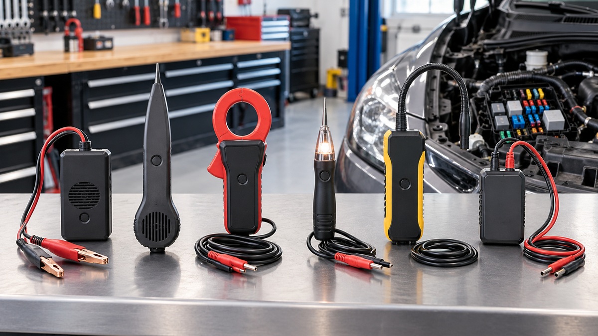 Six automotive electrical short-finding tools are arranged beside an open vehicle fuse box.