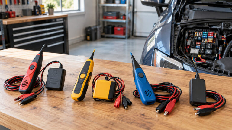 Automotive wire tracer tools and leads are arranged on a garage workbench beside an open fuse panel.