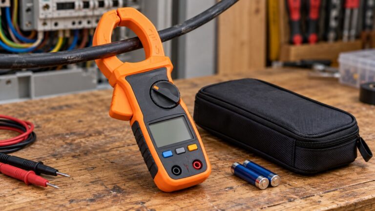 An orange auto-ranging clamp meter with its jaws open around a single insulated cable, beside a small soft case and two AAA batteries.