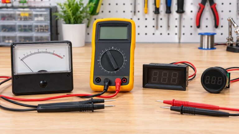 Basic analog and digital voltage meters with probe leads on a clean workbench.