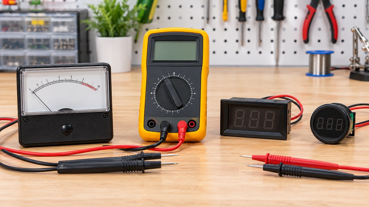 Basic analog and digital voltage meters with probe leads on a clean workbench.