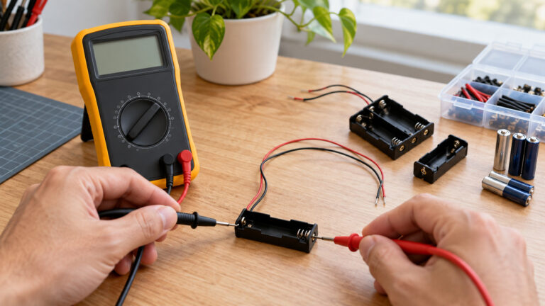 A digital multimeter testing continuity on a low-voltage battery circuit.