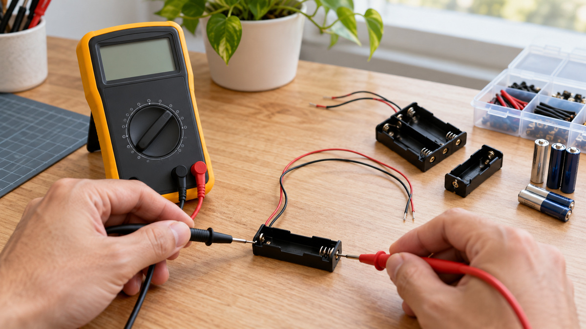 A digital multimeter testing continuity on a low-voltage battery circuit.