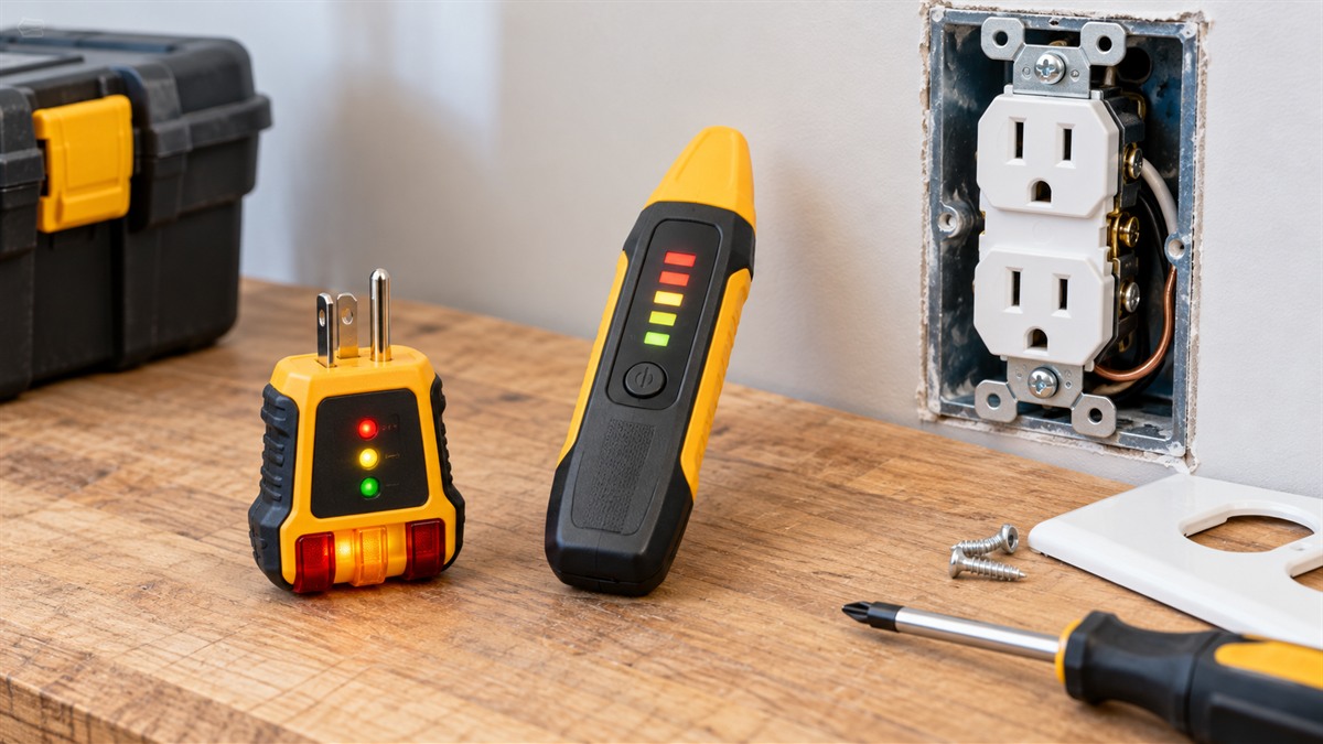 An outlet tester and a breaker finder transmitter laid on a workbench beside a standard wall receptacle with its cover removed, shot in bright, neutral light.