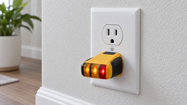 A wall receptacle with a plug-in outlet tester in place, its indicator lights visible, photographed in neutral daylight.
