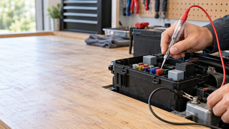 A close-up of an automotive tester probe touching a fuse while its lead connects to a known ground.