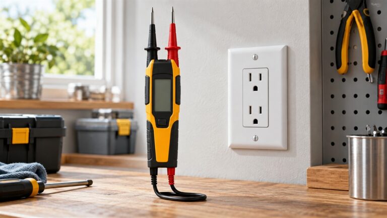 A two-pole digital voltage tester with snap-in probes standing beside a grounded wall outlet cover, shot in soft workshop light.