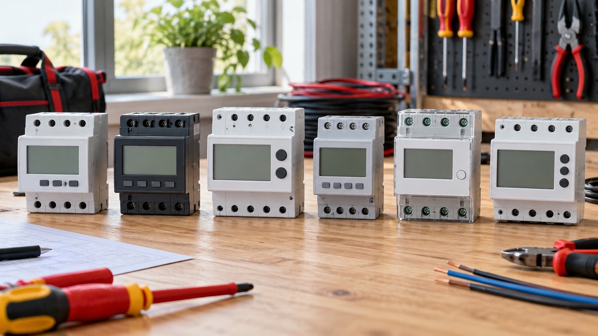 Six generic 3-phase rotation meters arranged on an electrician workbench.