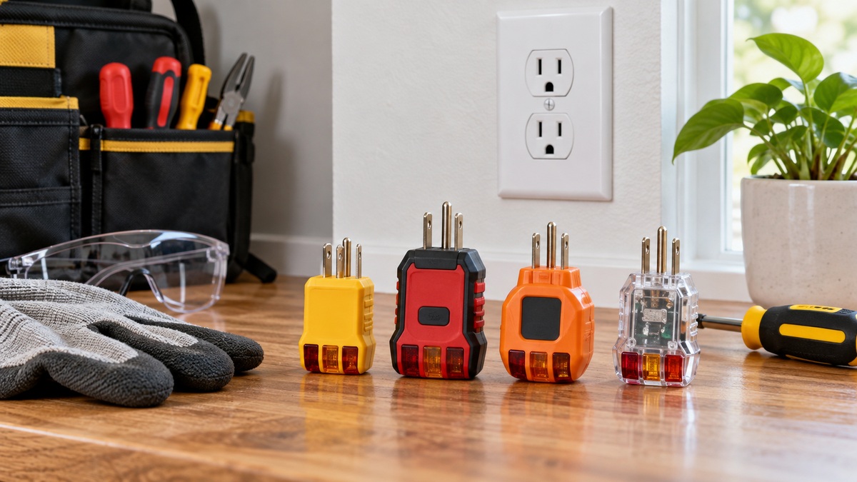 Several generic three-prong outlet testers arranged beside a wall outlet and electrical safety gear.
