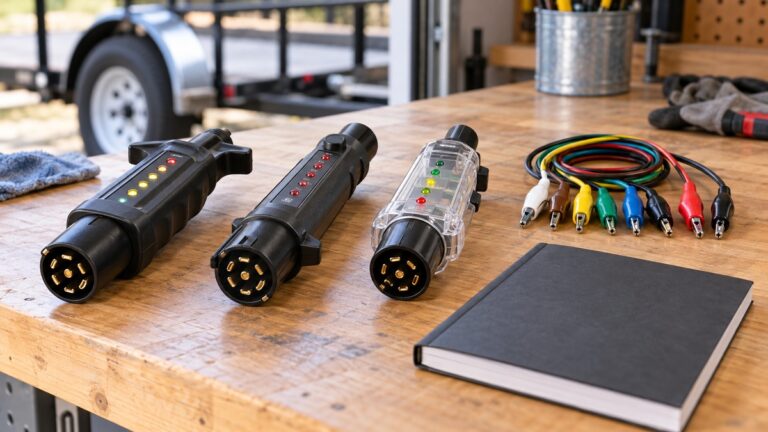 A clean workbench scene showing several 7 way trailer light tester styles beside labeled leads and a safety manual, with no prices or retailer branding.