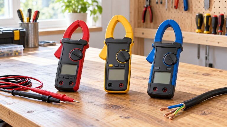 Three AC clamp meters stand on a wooden workbench beside test leads and a disconnected cable.