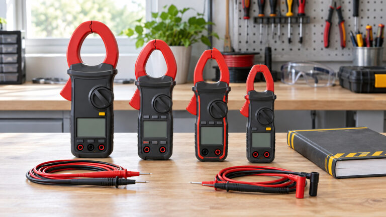 Several AC and DC current clamp meter styles with test leads on an organized workbench.
