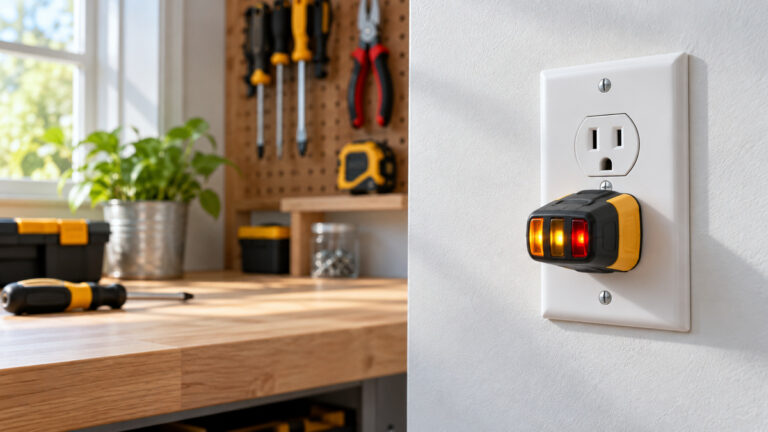 A close-up photograph of a plug-in outlet tester inserted in a standard North American wall outlet with indicator lights visible.