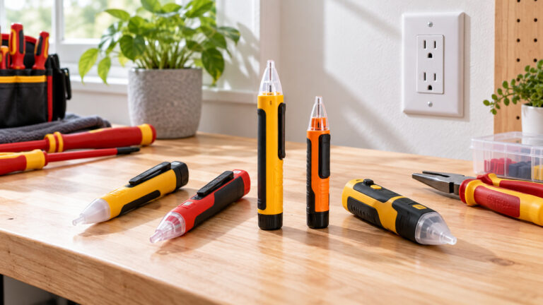 Generic AC voltage detectors arranged on a bright, organized electrical workbench.