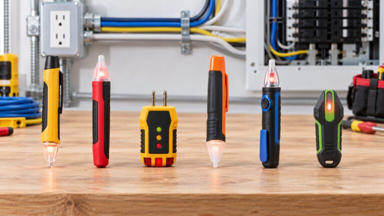 Six generic AC voltage testers are lined up on an electrician workbench.