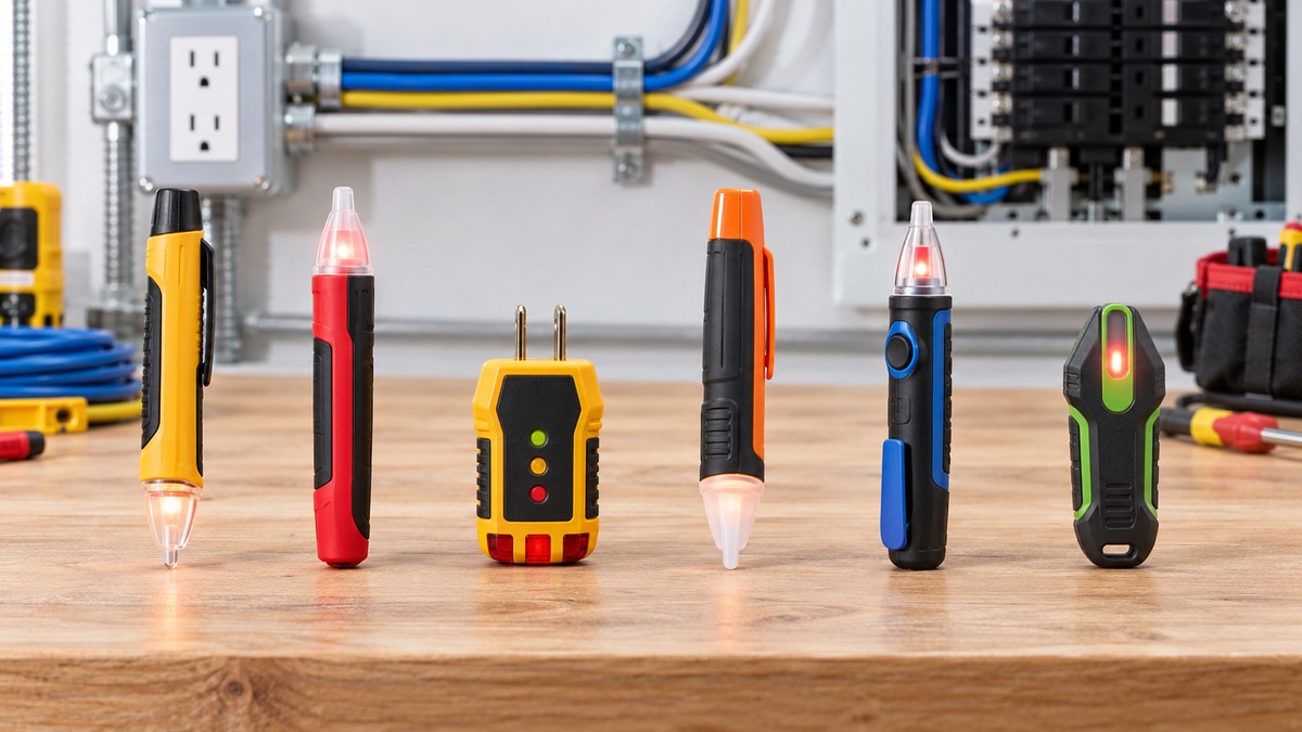 Six generic AC voltage testers are lined up on an electrician workbench.