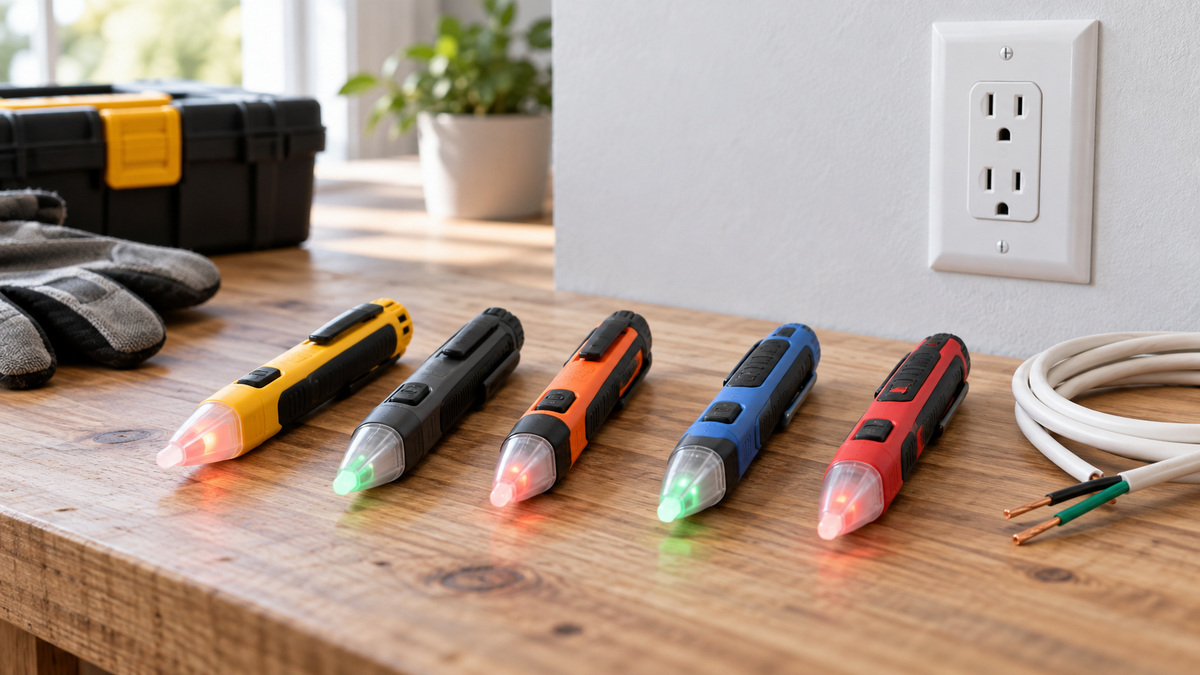 Several adjustable non-contact voltage detector pens on a workbench.