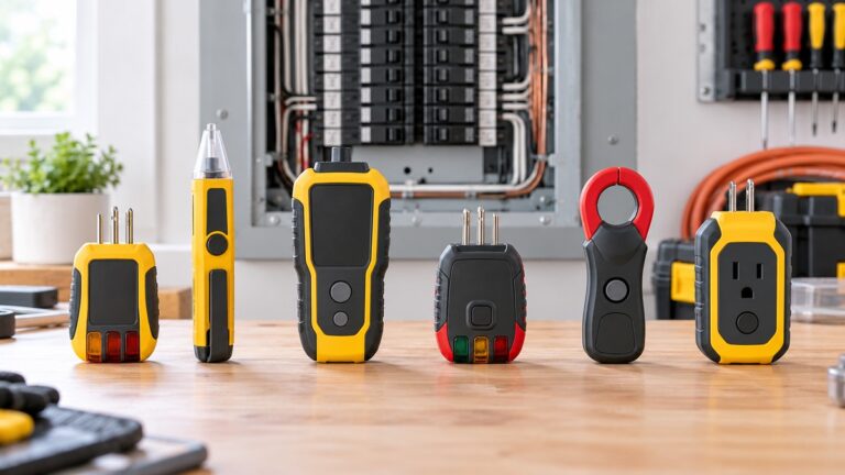 Six unbranded electrical tester designs are arranged on a professional workbench.
