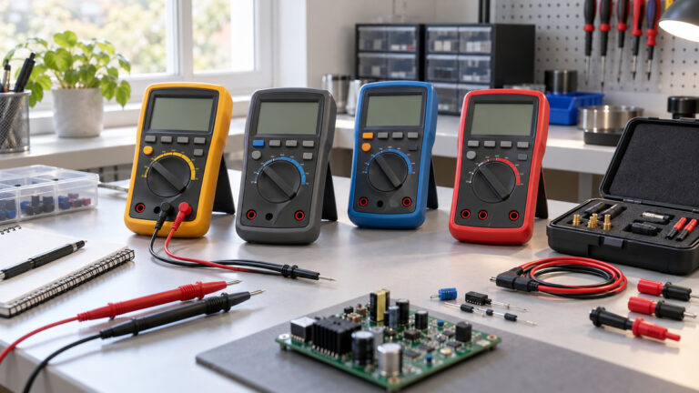 Several generic digital multimeters arranged with probes and electronics on a bright workbench.