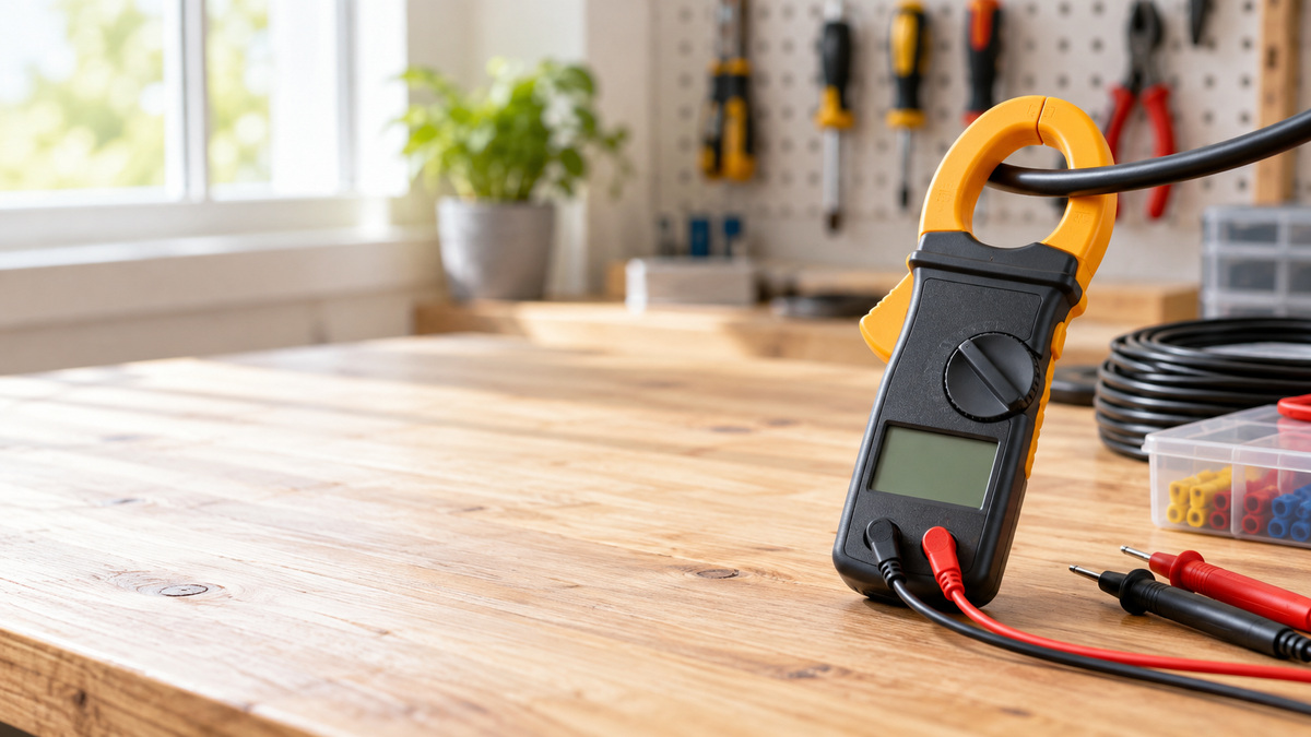 A natural editorial photograph showing a clamp meter clamped around a single insulated conductor in a bright workshop.