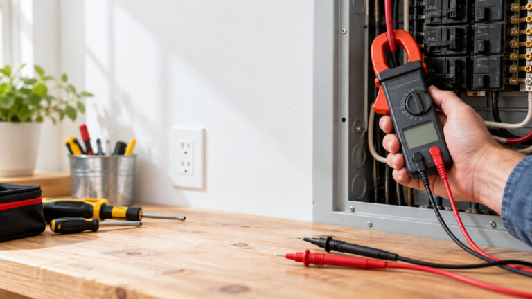 A close-up of an amper clamp meter clamped around a single insulated wire in a home panel area with test leads nearby.