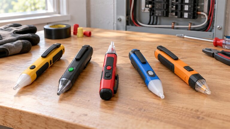 Generic non-contact voltage detector pens arranged for comparison on an electrician workbench.