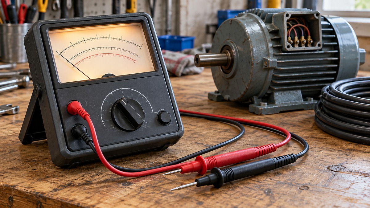 An analog megohmmeter with a backlit scale and its test leads on an electrician's bench, beside a motor housing and a coil of cable.