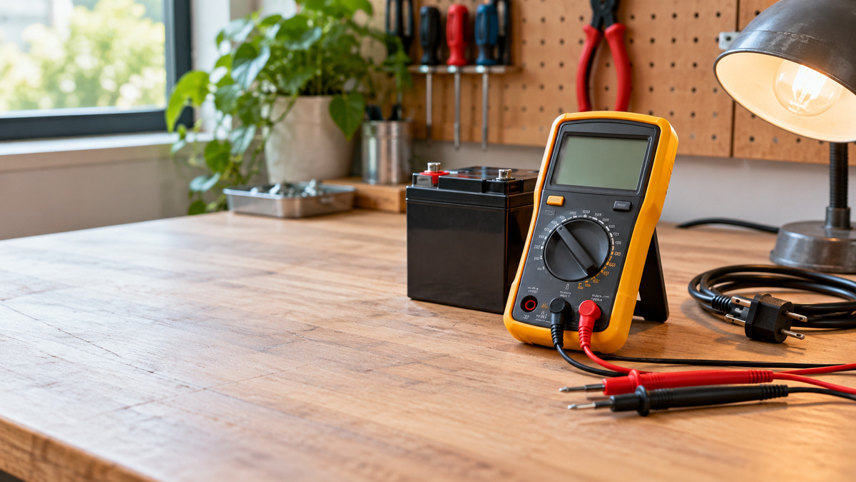 A close-up of an auto ranging digital multimeter with leads on a workbench next to a battery and a lamp cord.