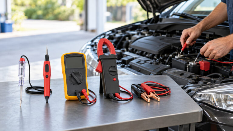 Several automotive voltage testers arranged beside a car electrical diagnostic setup.