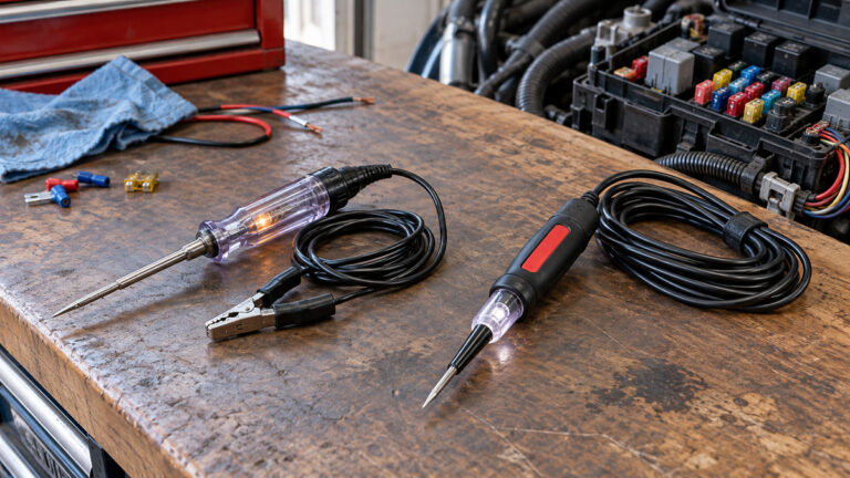 Two generic automotive test-light probes beside wiring and a fuse box in a garage.