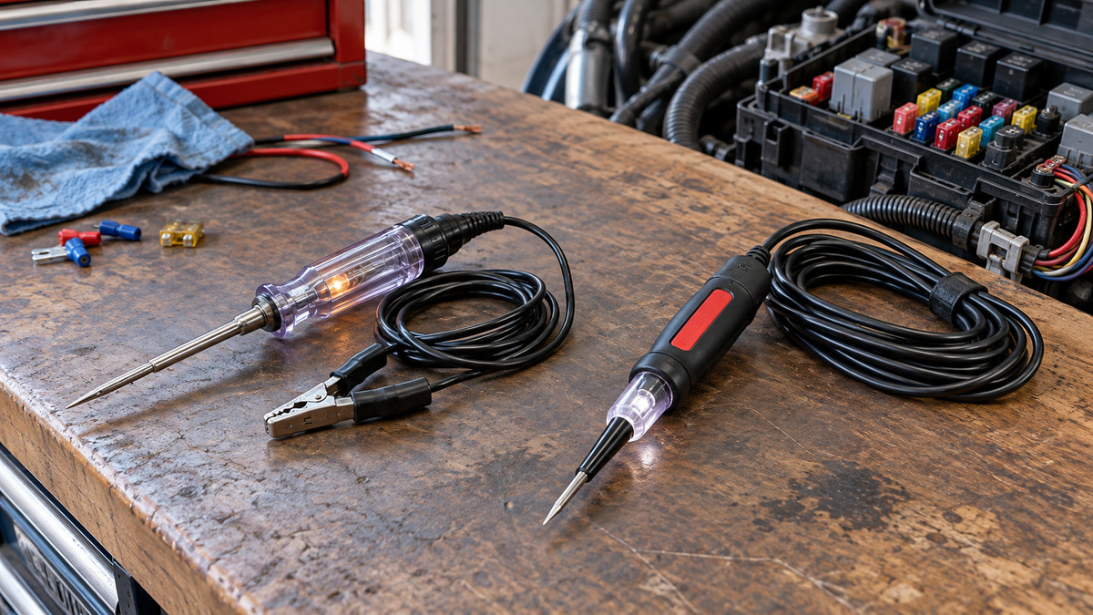Two generic automotive test-light probes beside wiring and a fuse box in a garage.