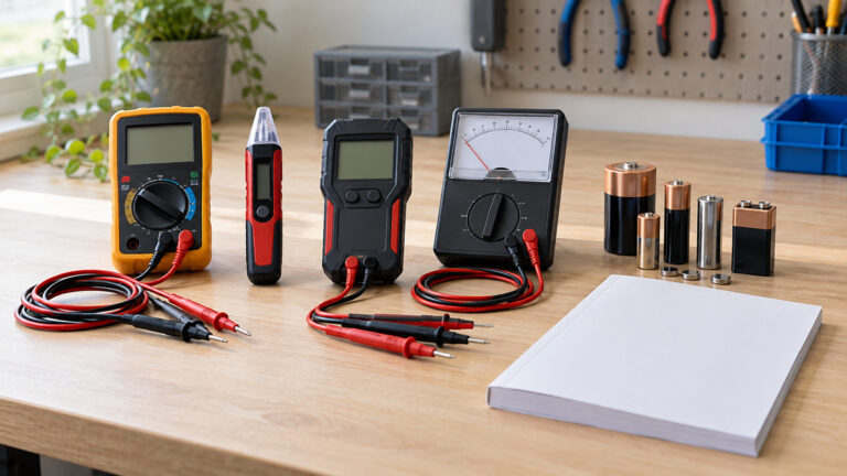 Battery voltage testers, leads, and common batteries arranged on a clean workbench.