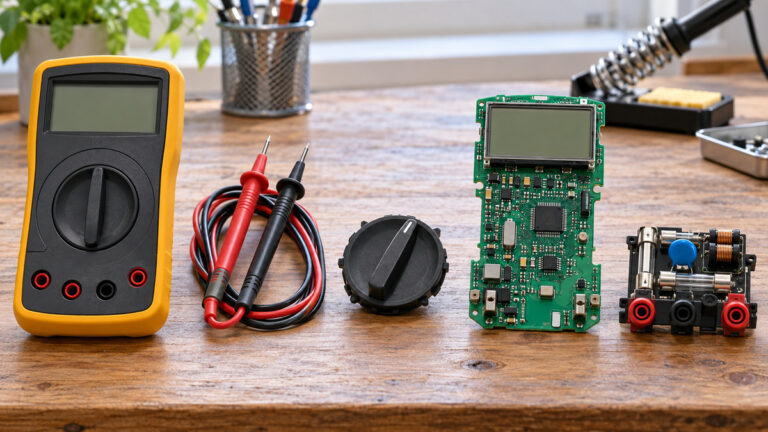 Digital multimeter components arranged on an electronics workbench.