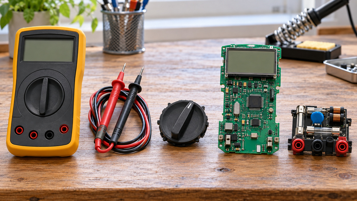 Digital multimeter components arranged on an electronics workbench.