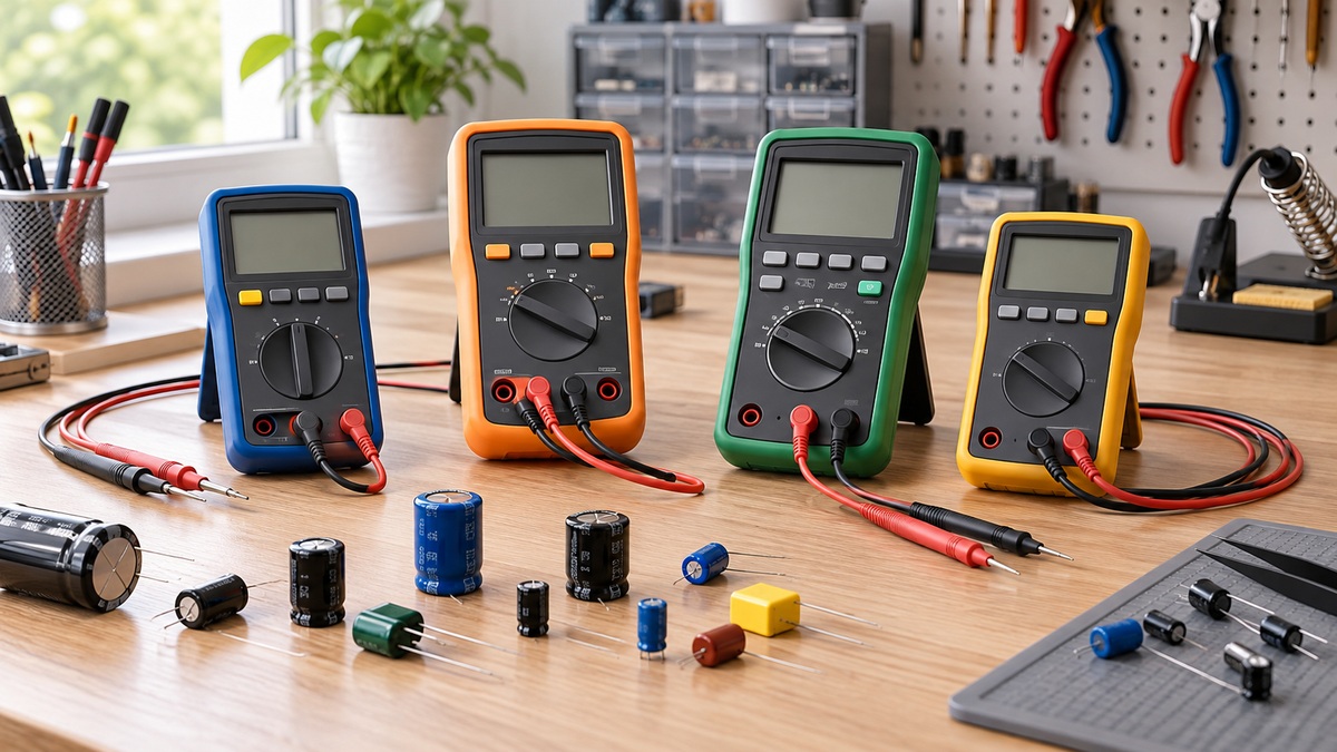 Capacitance testers and loose capacitors arranged on an electronics workbench.