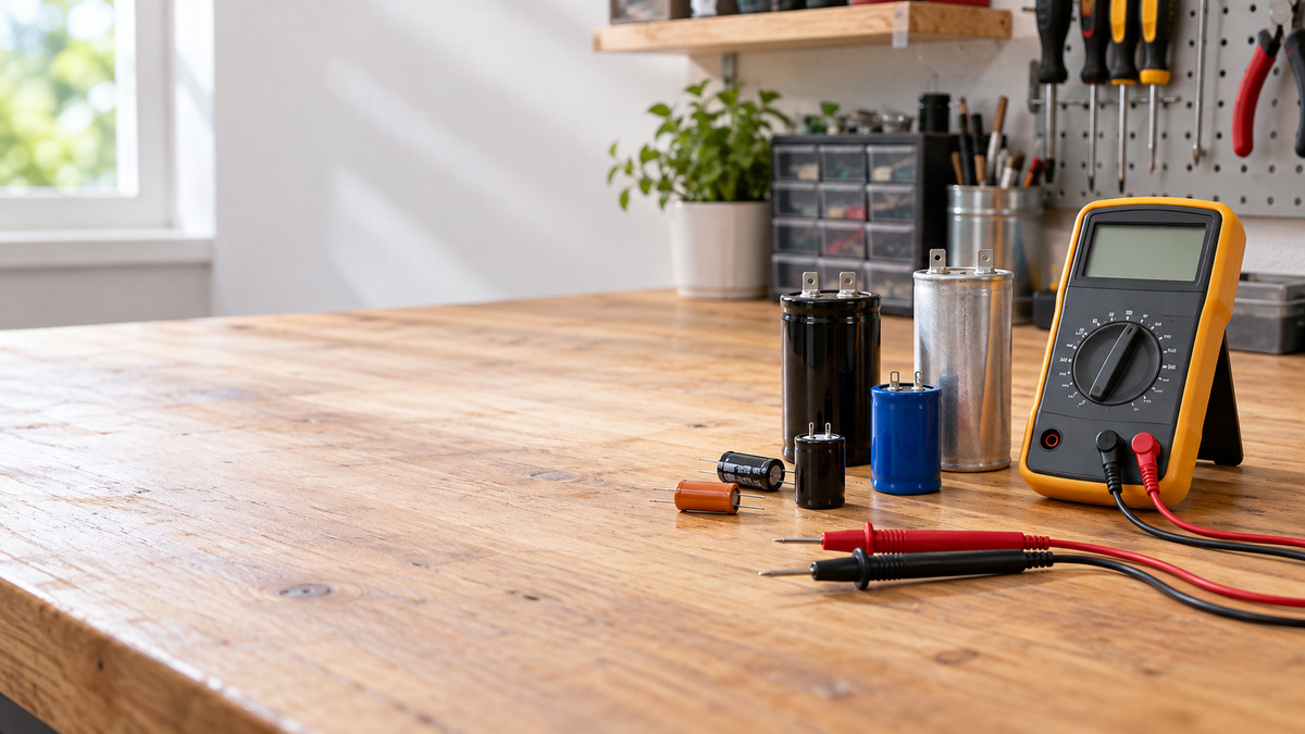 A bench with discharged capacitors, a handheld digital capacitor meter, and test leads arranged for safe testing.