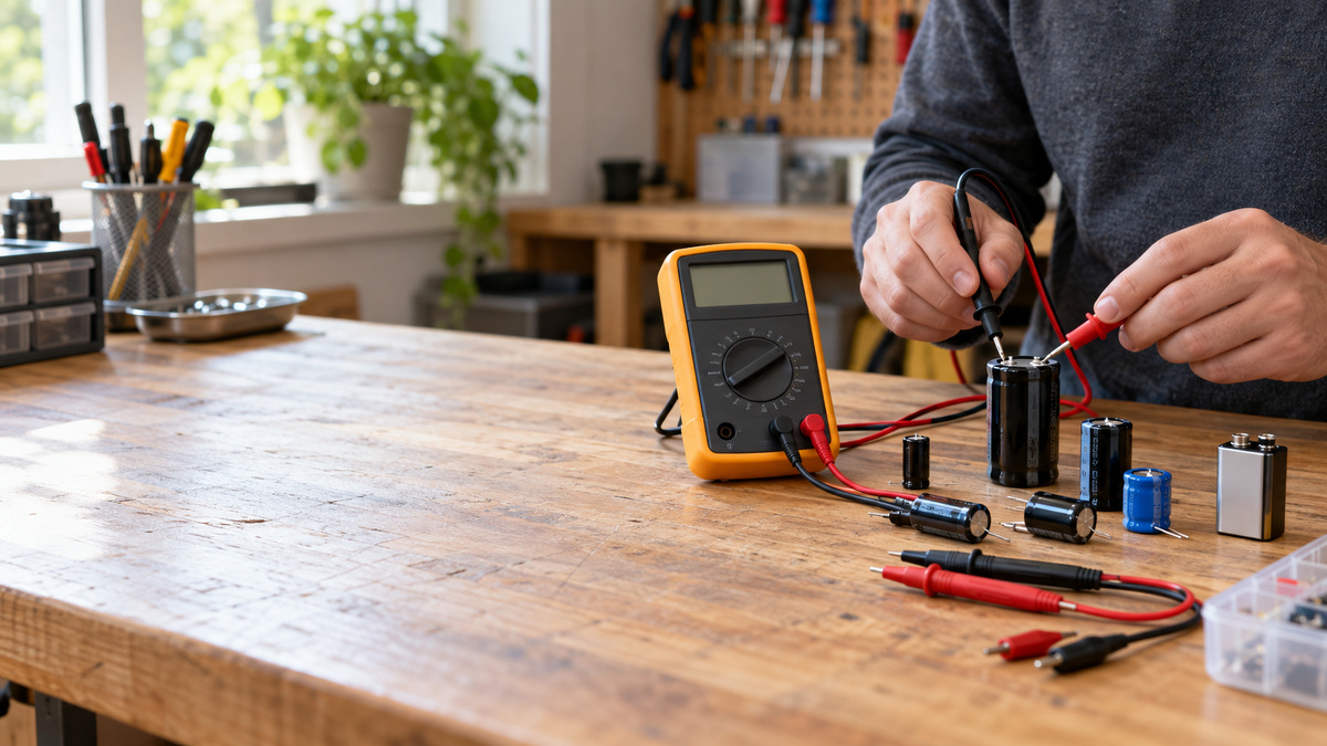 A bench with capacitor testers, detached capacitors, and insulated test leads arranged for safe testing.