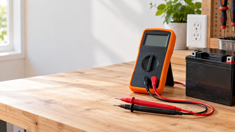 A close-up of a compact digital multimeter with test leads on a workbench next to a battery.