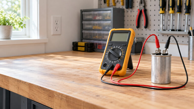 A digital multimeter measuring a disconnected HVAC capacitor on a workbench, with insulated leads and a clear capacitance reading.